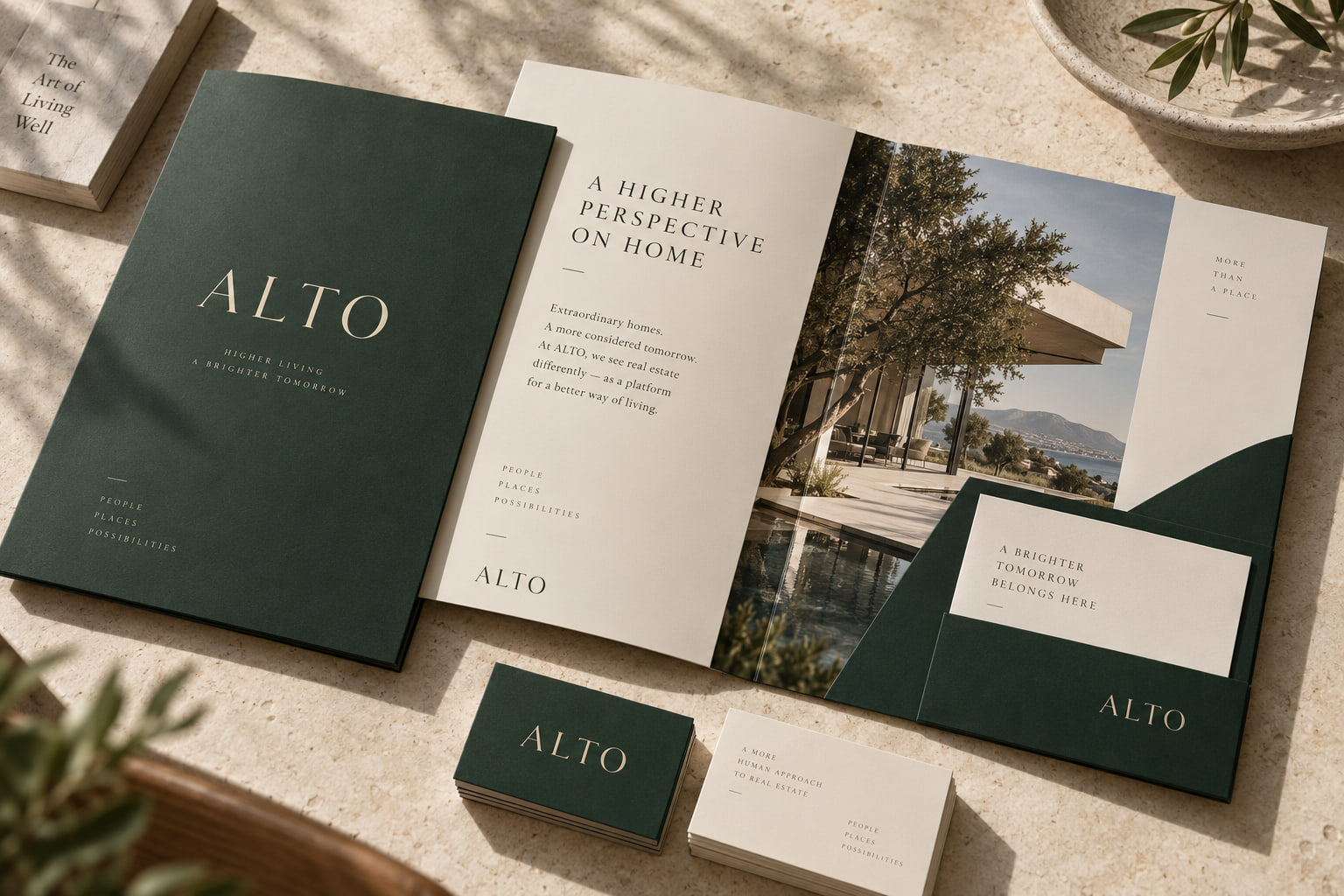 Conceito de folders para a marca conceitual ALTO